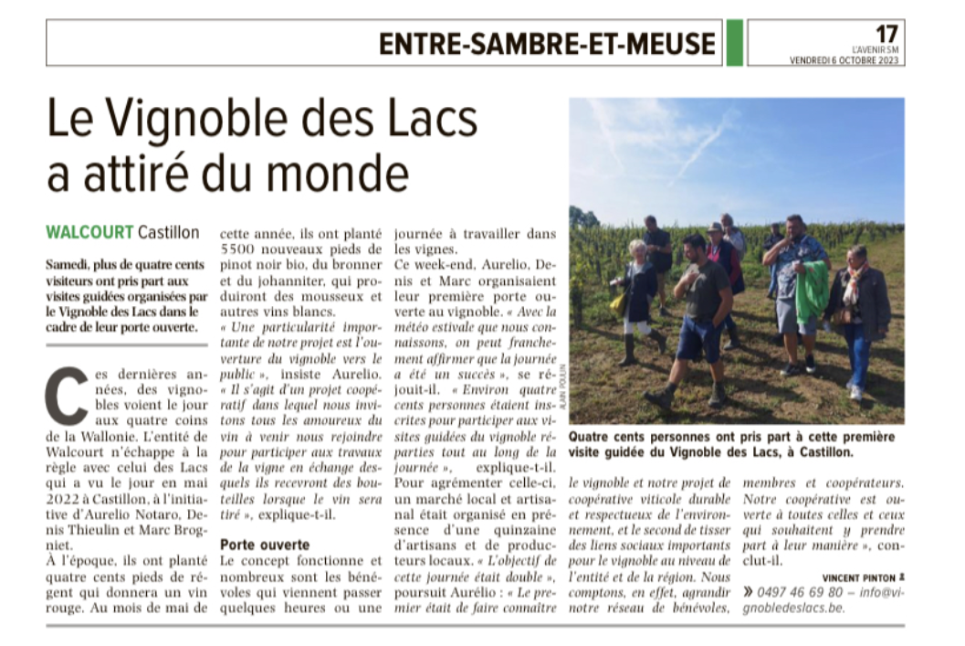 Photo d'un article du journal de l'entre-sambre-et-meuse, à propos du Vignoble des Lacs